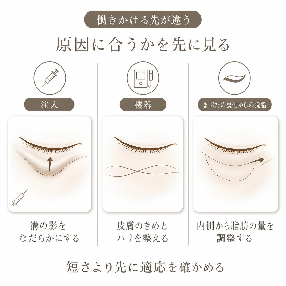 注入、機器、まぶたの裏側からの脱脂が目元の異なる部分に働きかけることを整理した分類図