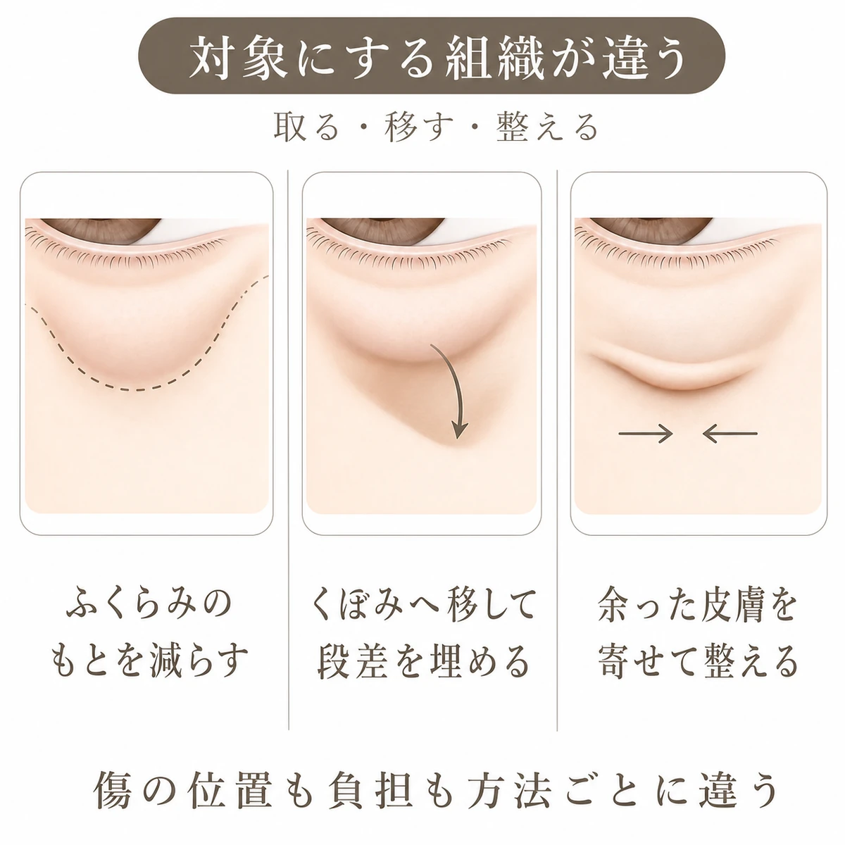 目の下の脂肪を減らす、くぼみへ移す、余った皮膚を整えるという3つの治療方法の分類