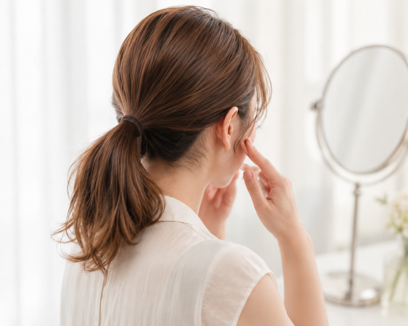 鏡を見て目元を気にする女性