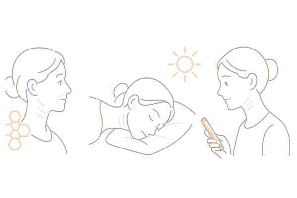 首のシワの原因を示す医学的イラスト(加齢・姿勢・紫外線・スマホ)