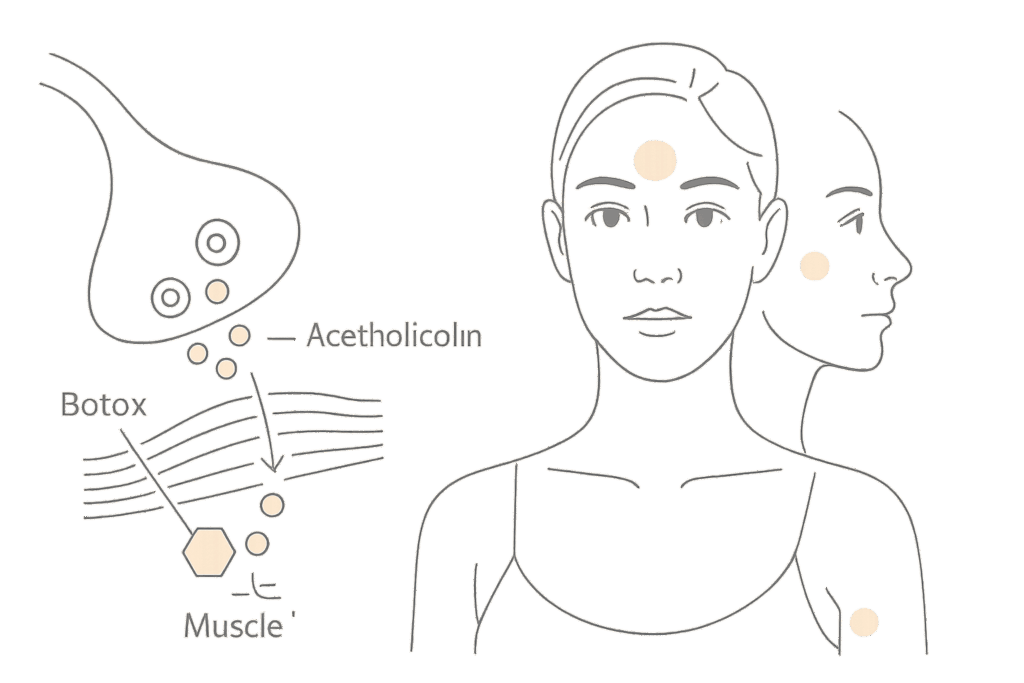 ボトックスの主な効果：小顔・シワ改善・多汗抑制の概説図