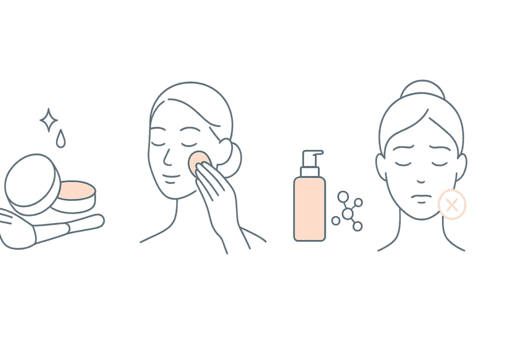 刺激を避けるメイク手順と清潔なツール使用（やさしく置く）