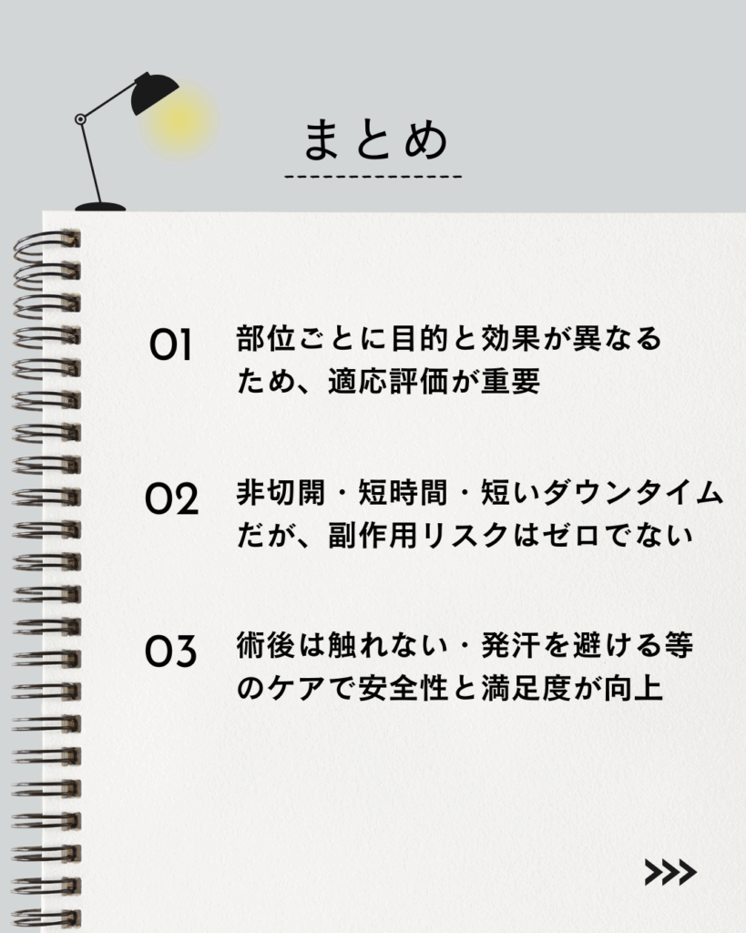 ⚫︎ 部位ごとに目的と効果が異なるため、適応評価が重要

⚫︎ 非切開・短時間・短いダウンタイムだが、副作用リスクはゼロでない

⚫︎ 術後は触れない・発汗を避ける等のケアで安全性と満足度が向上