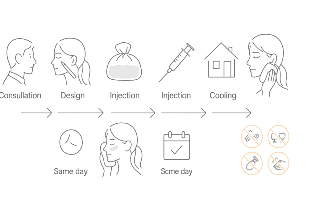 施術フローと術後ケアNG(タイムラインとピクト)