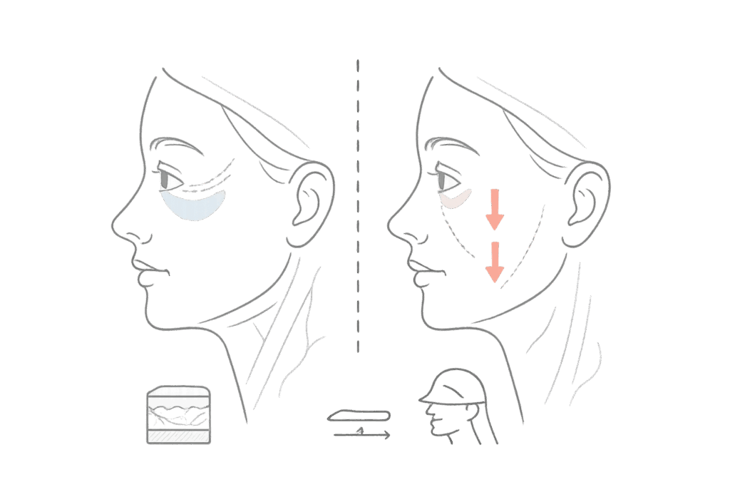 たるみの構造理解：皮膚〜SMASまでの層と加齢変化の模式図