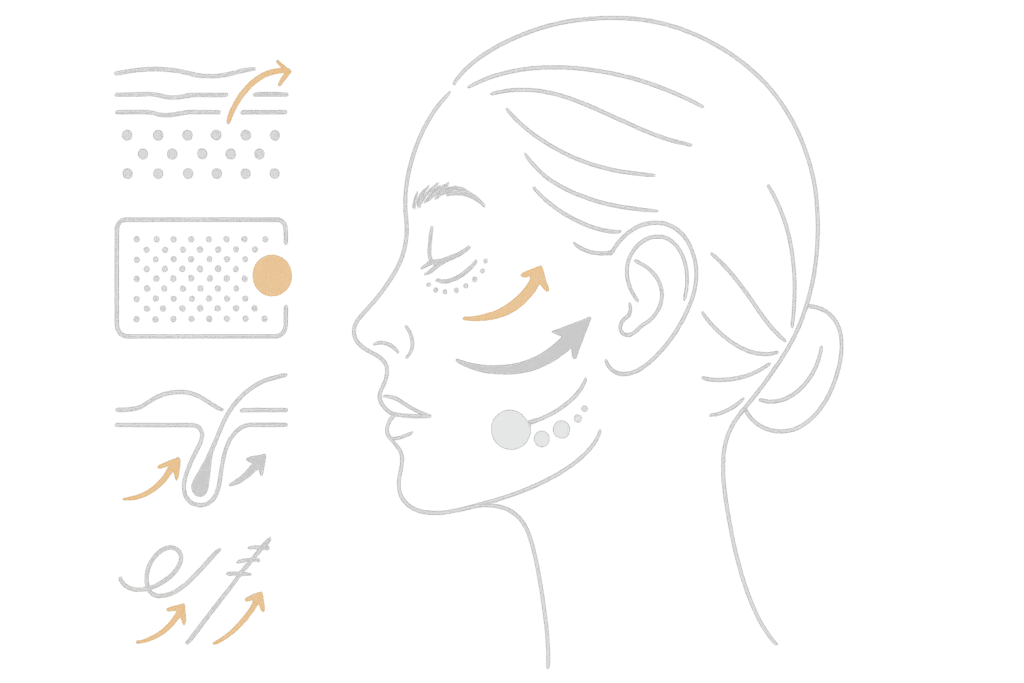 ハイフ以外の8治療：作用層と主効果の対応マップ