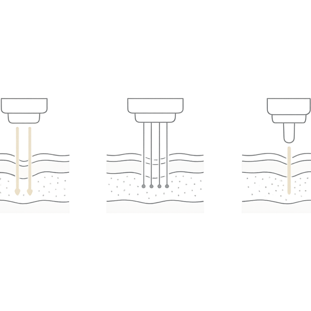 3モードの違い:トーニング/フラクショナル/スポットの照射像