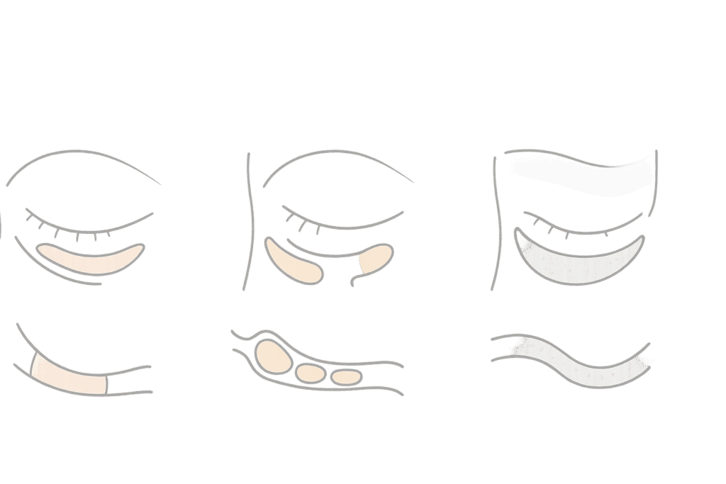左右差の原因断面図:骨格差・脂肪量差・術後腫れの比較