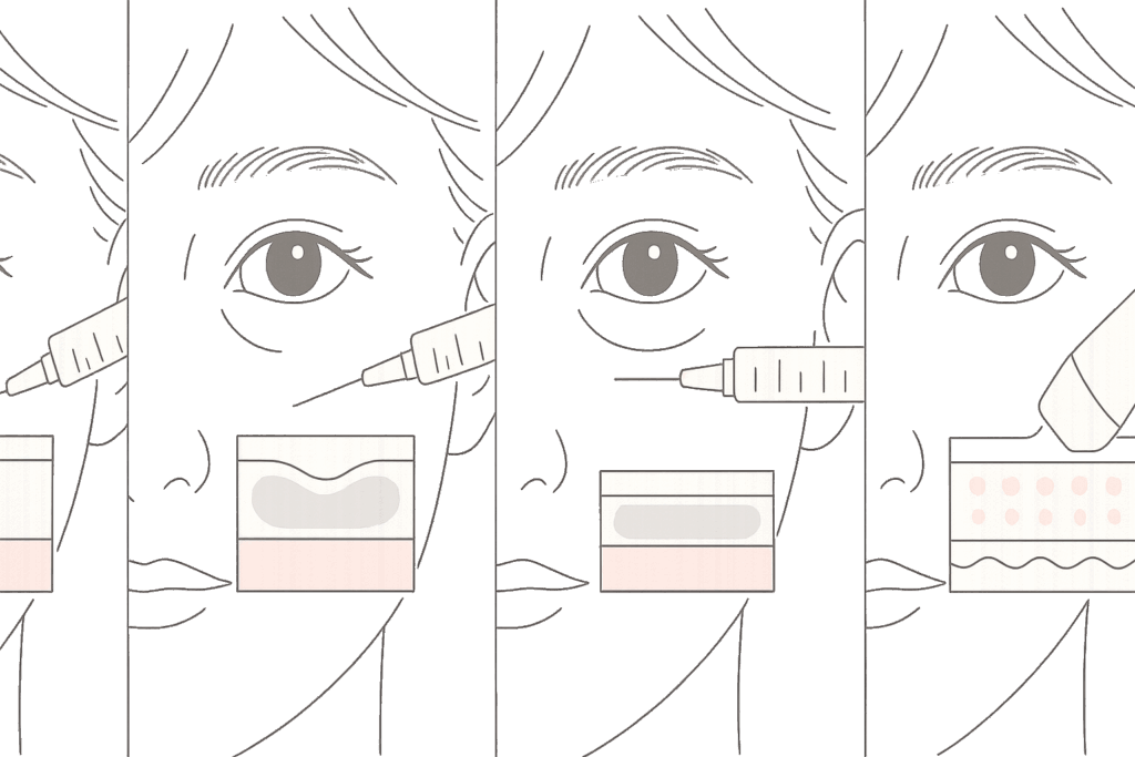 切らないクマ取り治療の主な種類と特徴イメージ（ヒアルロン酸・脂肪溶解・ベビーコラーゲン・高周波）