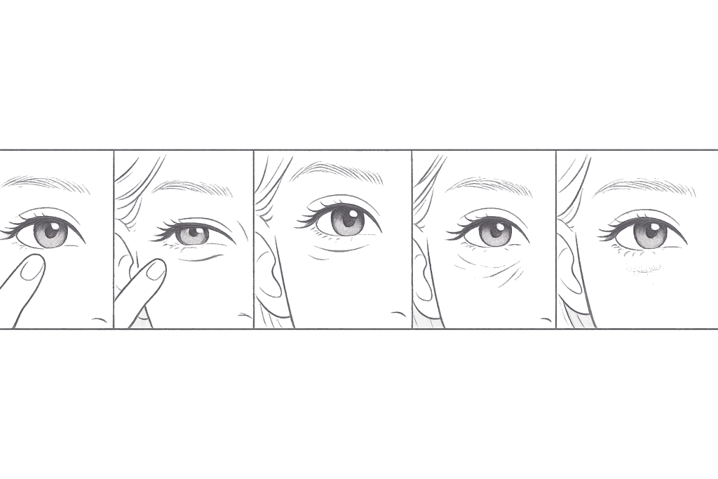 切らないクマ取り治療で起こり得る5つの失敗例イメージ（しこり・不自然な表情・たるみ悪化・色調悪化・長引くダウンタイム）