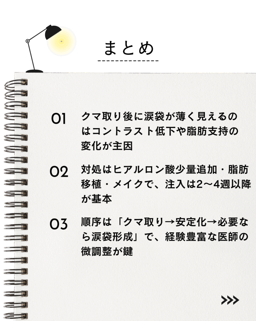 ⚫︎ クマ取り後に涙袋が薄く見えるのはコントラスト低下や脂肪支持の変化が主因。

⚫︎ 対処はヒアルロン酸少量追加・脂肪移植・メイクで、注入は2〜4週以降が基本。

⚫︎ 順序は「クマ取り→安定化→必要なら涙袋形成」で、経験豊富な医師の微調整が鍵。