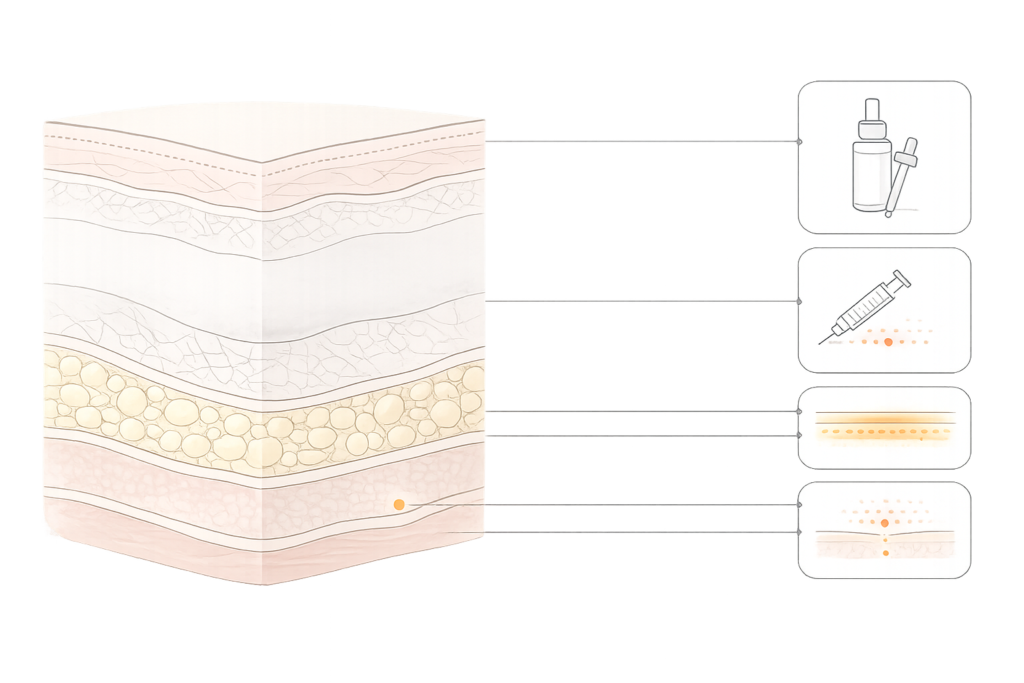 皮膚の4層とたるみ治療のターゲット（表皮・真皮・脂肪・SMAS）