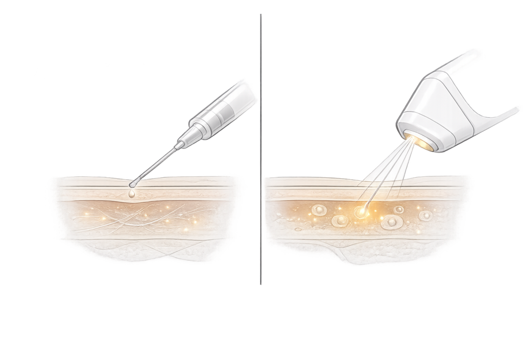 スネコスとリジュランの作用機序の違い（構造再生と細胞再生）