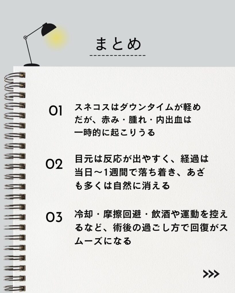 "⚫︎ スネコスはダウンタイムが軽めだが、赤み・腫れ・内出血は一時的に起こりうる
⚫︎ 目元は反応が出やすく、経過は当日〜1週間で落ち着き、あざも多くは自然に消える
⚫︎ 冷却・摩擦回避・飲酒や運動を控えるなど、術後の過ごし方で回復がスムーズになる