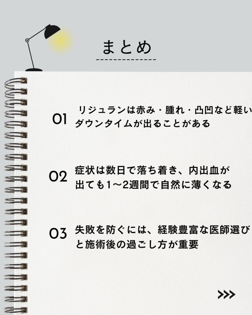 ⚫︎ リジュランは赤み・腫れ・凸凹など軽いダウンタイムが出ることがある

⚫︎ 症状は数日で落ち着き、内出血が出ても1〜2週間で自然に薄くなる

⚫︎ 失敗を防ぐには、経験豊富な医師選びと施術後の過ごし方が重要