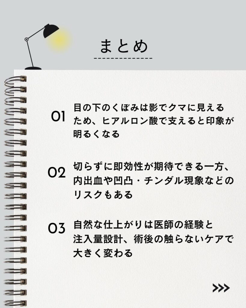 ⚫︎ ヒアルロン酸は“凹みを埋めて形を整える”、ボトックスは“筋肉の動きを抑える”治療

⚫︎ くぼみ・溝ジワ・輪郭調整はヒアルロン酸、表情ジワ・エラ・多汗はボトックスが得意

⚫︎ 同日施術は可能で、目的により併用すると自然な若返りを狙いやすい
