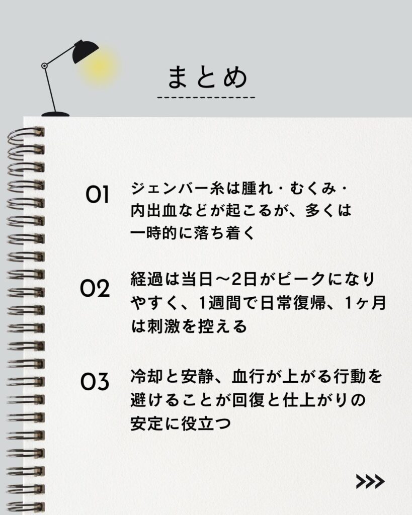 ⚫︎ ジェンバー糸は腫れ・むくみ・内出血などが起こるが、多くは一時的に落ち着く
⚫︎ 経過は当日〜2日がピークになりやすく、1週間で日常復帰、1ヶ月は刺激を控える
⚫︎ 冷却と安静、血行が上がる行動を避けることが回復と仕上がりの安定に役立つ