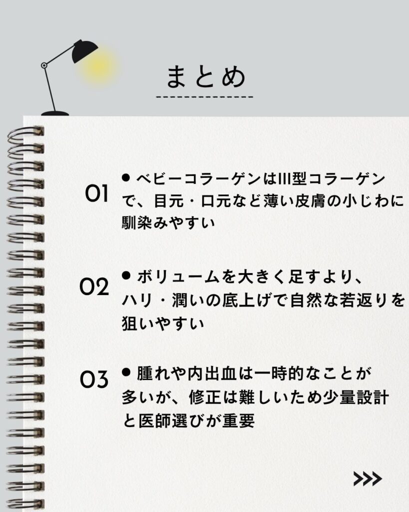 ⚫︎ ベビーコラーゲンはIII型コラーゲンで、目元・口元など薄い皮膚の小じわに馴染みやすい
⚫︎ ボリュームを大きく足すより、ハリ・潤いの底上げで自然な若返りを狙いやすい
⚫︎ 腫れや内出血は一時的なことが多いが、修正は難しいため少量設計と医師選びが重要