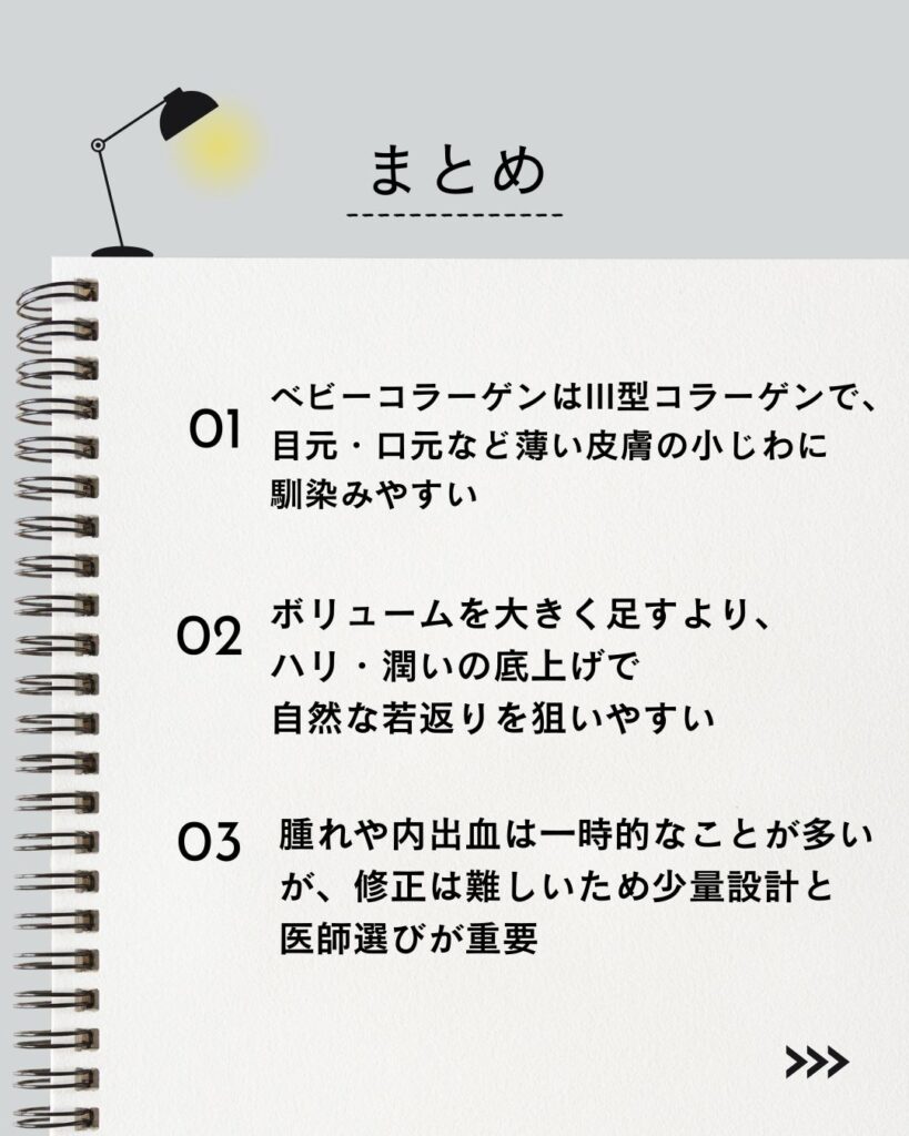 ⚫︎ ベビーコラーゲンはIII型コラーゲンで、目元・口元など薄い皮膚の小じわに馴染みやすい
⚫︎ ボリュームを大きく足すより、ハリ・潤いの底上げで自然な若返りを狙いやすい
⚫︎ 腫れや内出血は一時的なことが多いが、修正は難しいため少量設計と医師選びが重要