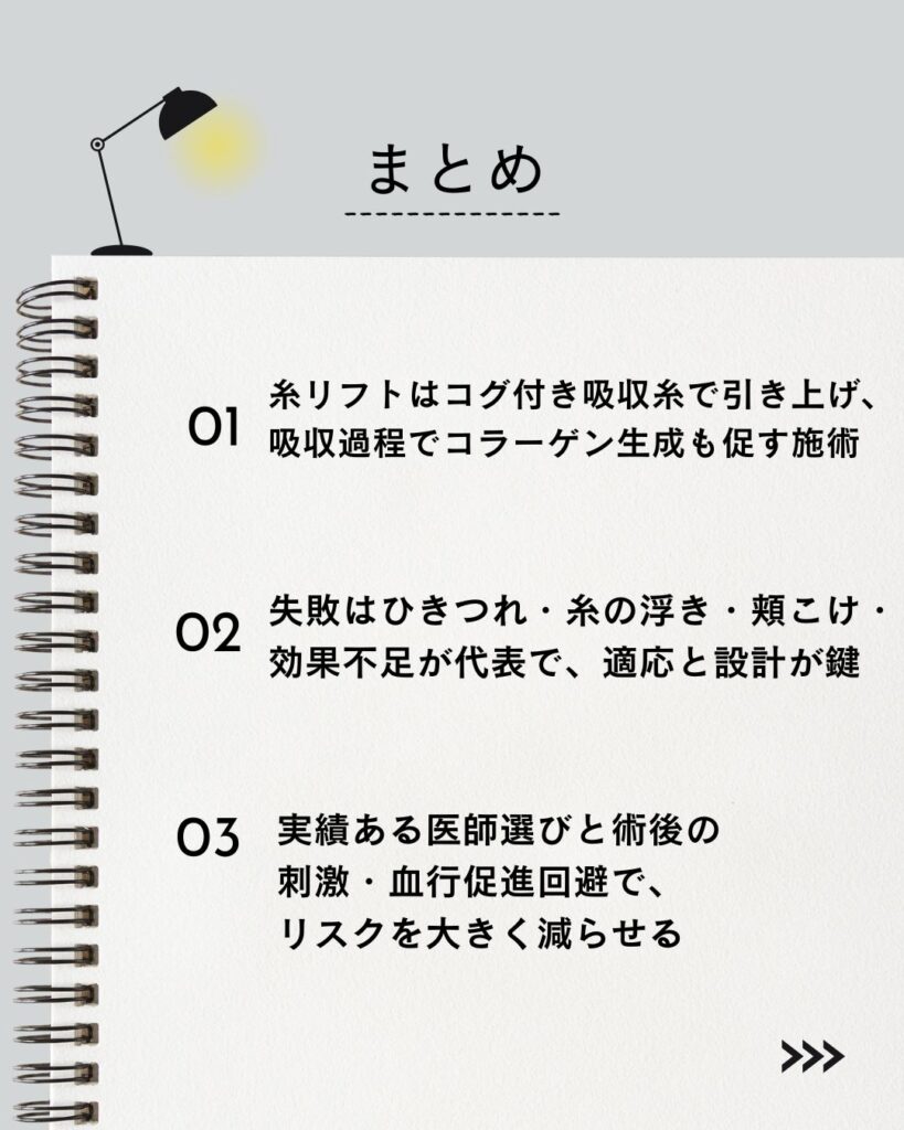 ⚫︎ 糸リフトはコグ付き吸収糸で引き上げ、吸収過程でコラーゲン生成も促す施術
⚫︎ 失敗はひきつれ・糸の浮き・頬こけ・効果不足が代表で、適応と設計が鍵
⚫︎ 実績ある医師選びと術後の刺あ激・血行促進回避で、リスクを大きく減らせる