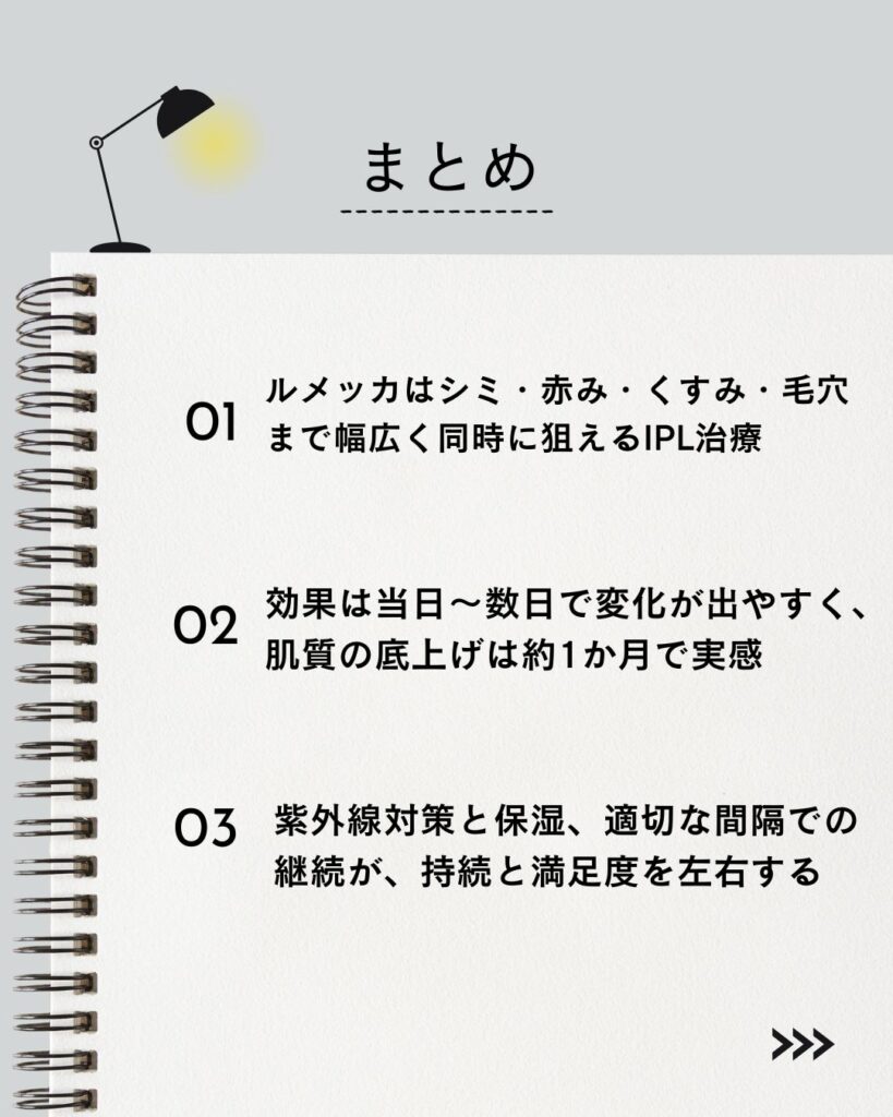 ⚫︎ ルメッカはシミ・赤み・くすみ・毛穴まで幅広く同時に狙えるIPL治療
⚫︎ 効果は当日〜数日で変化が出やすく、肌質の底上げは約1か月で実感
⚫︎ 紫外線対策と保湿、適切な間隔での継続が、持続と満足度を左右する