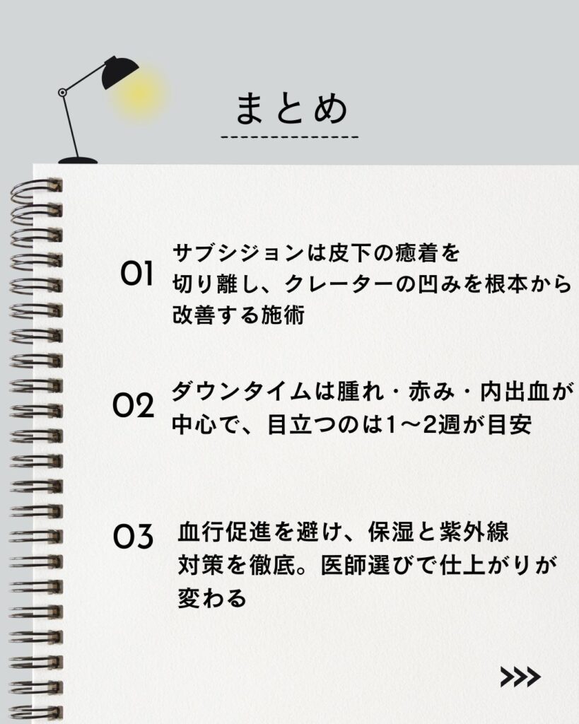 ⚫︎サブシジョンは皮下の癒着を切り離し、クレーターの凹みを根本から改善する施術
⚫︎ダウンタイムは腫れ・赤み・内出血が中心で、目立つのは1〜2週が目安
⚫︎血行促進を避け、保湿と紫外線対策を徹底。医師選びで仕上がりが変わる