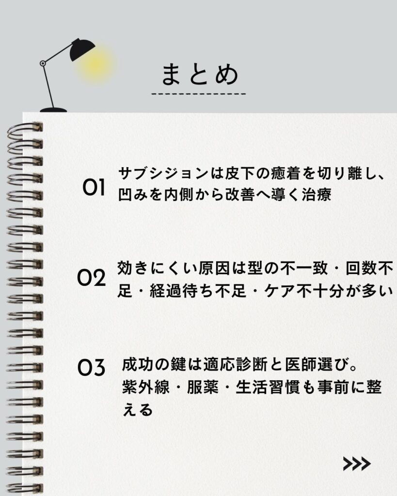 ⚫︎サブシジョンは皮下の癒着を切り離し、凹みを内側から改善へ導く治療
⚫︎効きにくい原因は型の不一致・回数不足・経過待ち不足・ケア不十分が多い
⚫︎成功の鍵は適応診断と医師選び。紫外線・服薬・生活習慣も事前に整える