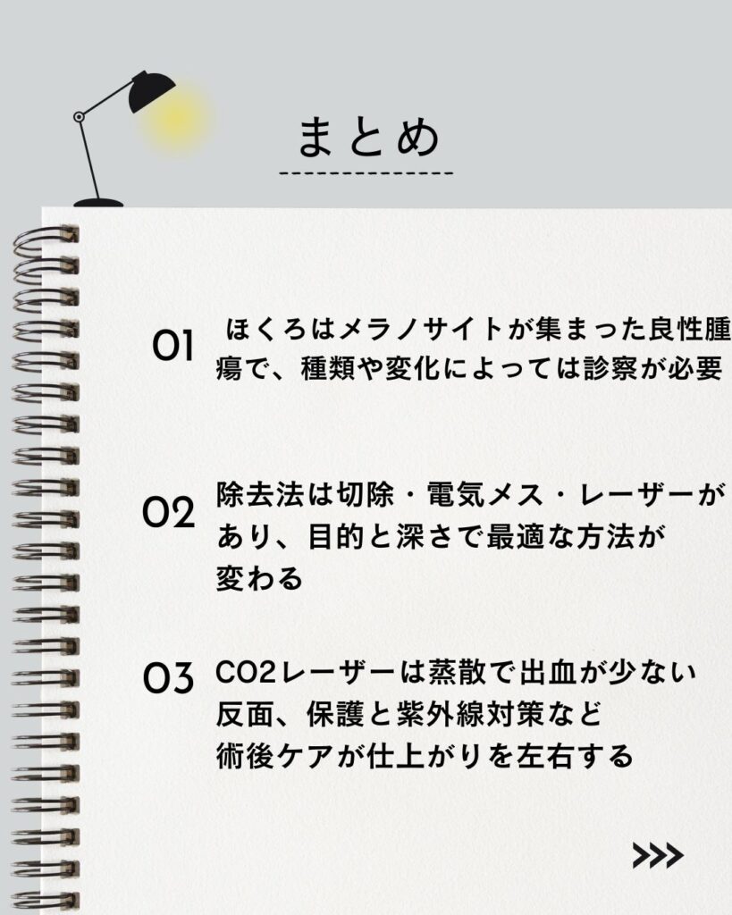 ⚫︎ ほくろはメラノサイトが集まった良性腫瘍で、種類や変化によっては診察が必要

⚫︎ 除去法は切除・電気メス・レーザーがあり、目的と深さで最適な方法が変わる

⚫︎ CO2レーザーは蒸散で出血が少ない反面、保護と紫外線対策など術後ケアが仕上がりを左右する