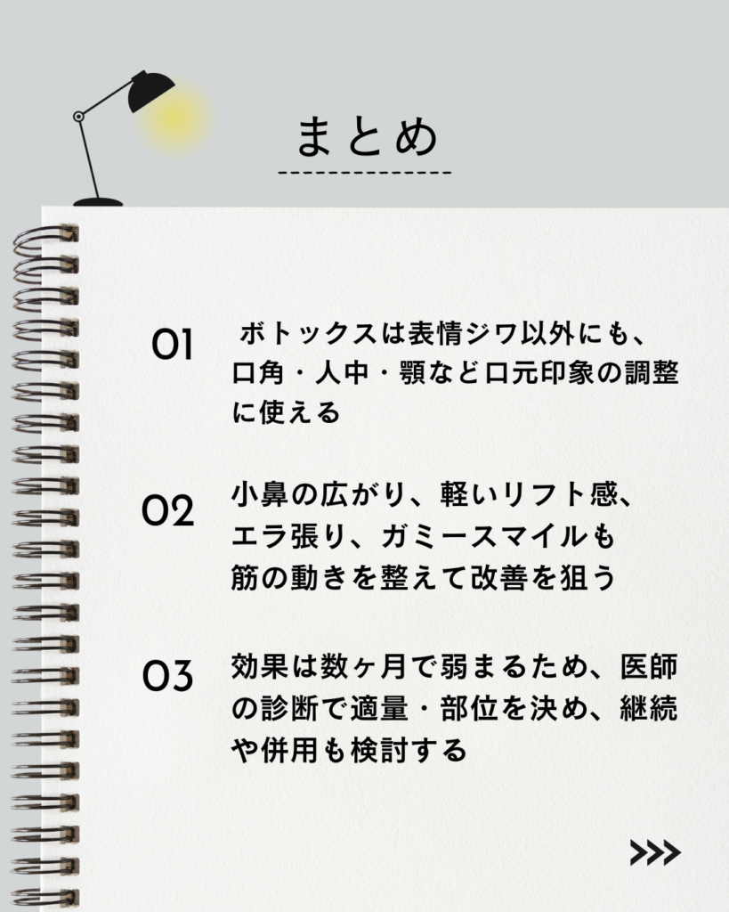 この記事の「要点まとめ」

⚫︎ ボトックスは表情ジワ以外にも、口角・人中・顎など口元印象の調整に使える

⚫︎ 小鼻の広がり、軽いリフト感、エラ張り、ガミースマイルも筋の動きを整えて改善を狙う

⚫︎ 効果は数ヶ月で弱まるため、医師の診断で適量・部位を決め、継続や併用も検討する