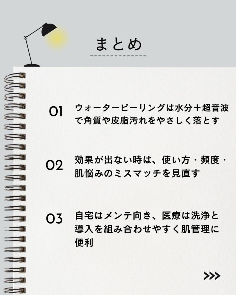⚫︎ ウォーターピーリングは水分+超音波で角質や皮脂汚れをやさしく落とす
⚫︎ 効果が出ない時は、使い方・頻度・肌悩みのミスマッチを見直す
⚫︎ 自宅はメンテ向き、医療は洗浄と導入を組み合わせやすく肌管理に便利