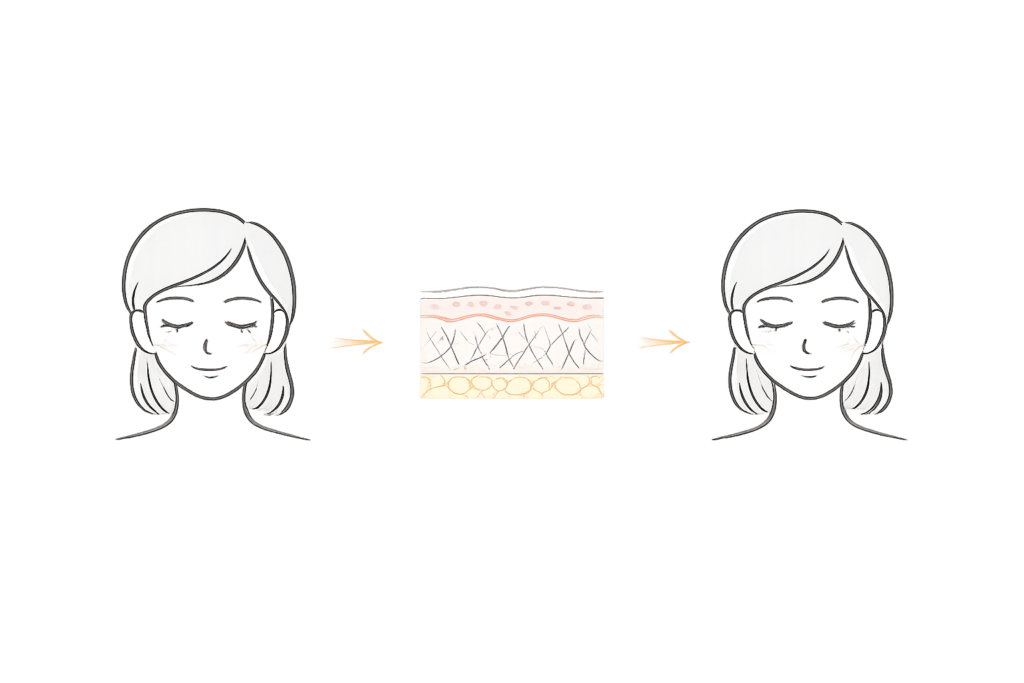 サーマジェンの一次効果と二次効果（引き締めとコラーゲン再構築）の流れ