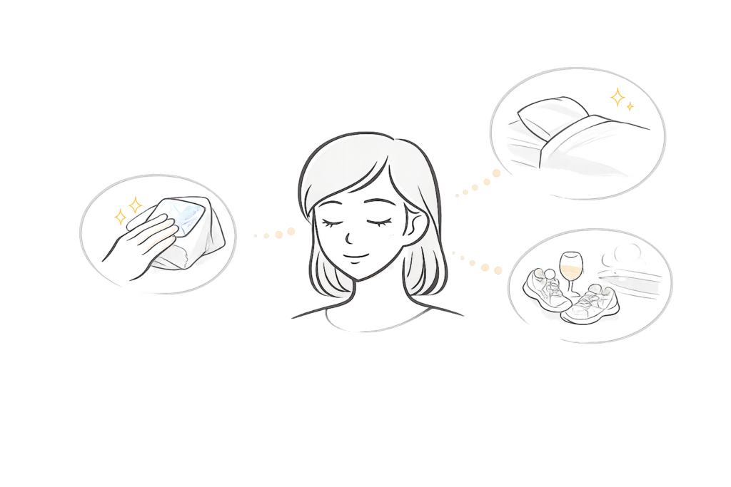 糸リフト後の過ごし方（冷却・仰向け就寝・血行促進を避ける）イメージ