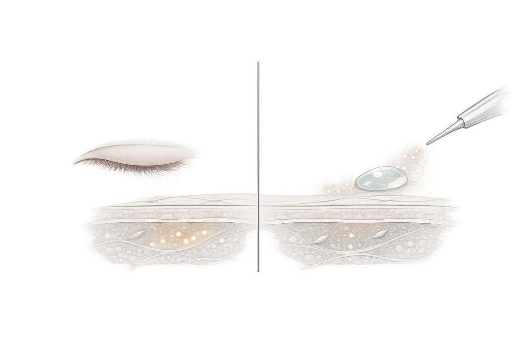 スネコス注射が目の下のクマに作用する仕組み（真皮の再構築）イラスト