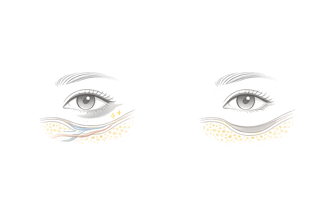 青クマ・黒クマの原因イメージ（目の下の薄い皮膚と影）図解