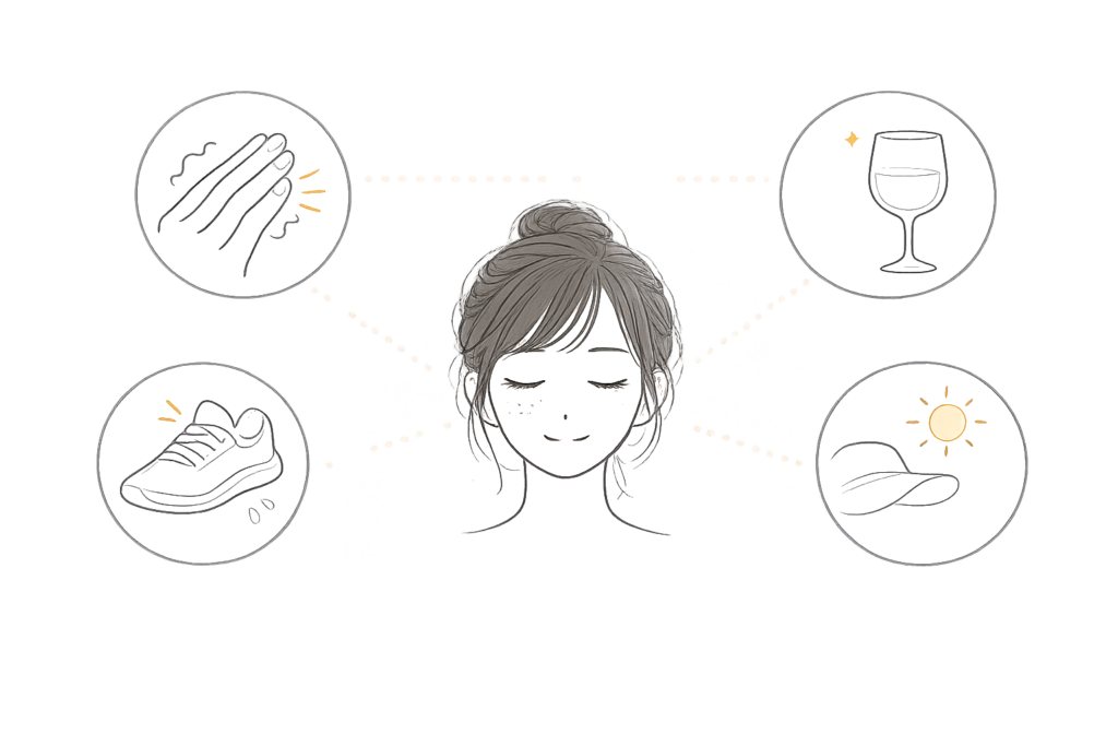 スネコス注射後に避けたい行動（摩擦・飲酒・運動・紫外線）のイメージ