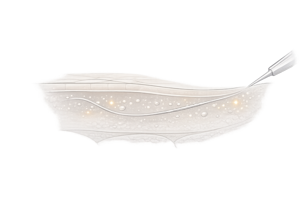 スネコス注射の注入層と成分（非架橋ヒアルロン酸＋アミノ酸）のイメージ