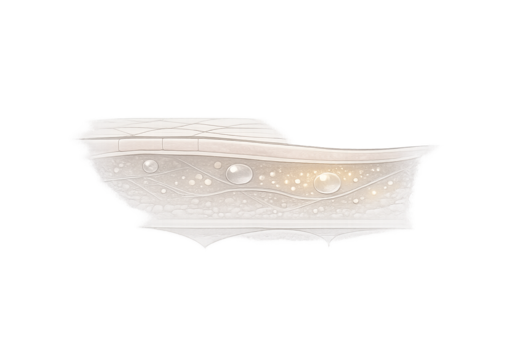 スネコスの成分（非架橋ヒアルロン酸と6種アミノ酸）と真皮での作用イメージ