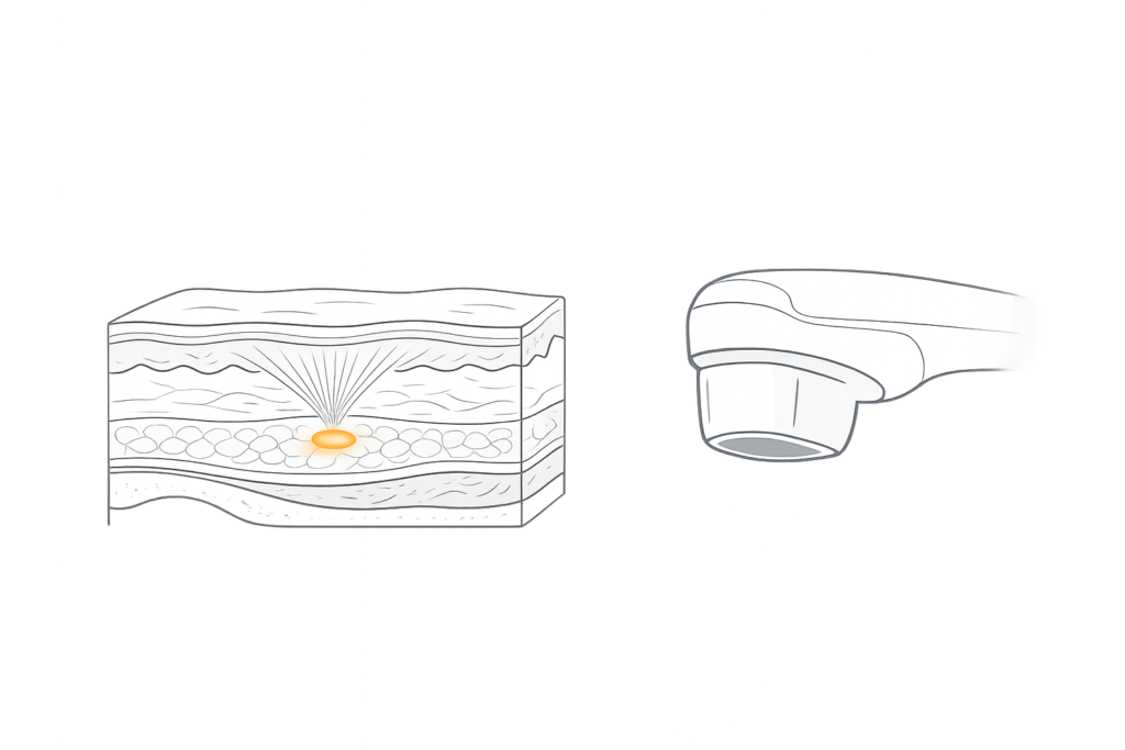 ハイフの照射深度（真皮層〜SMAS）と熱作用のイメージ図