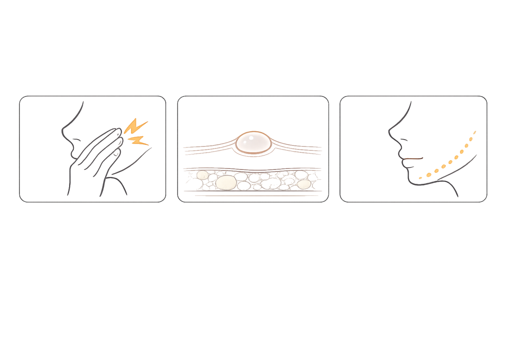 ハイフ後に注意したいトラブル徴候（強い痛み・水疱・しびれ）のイメージ