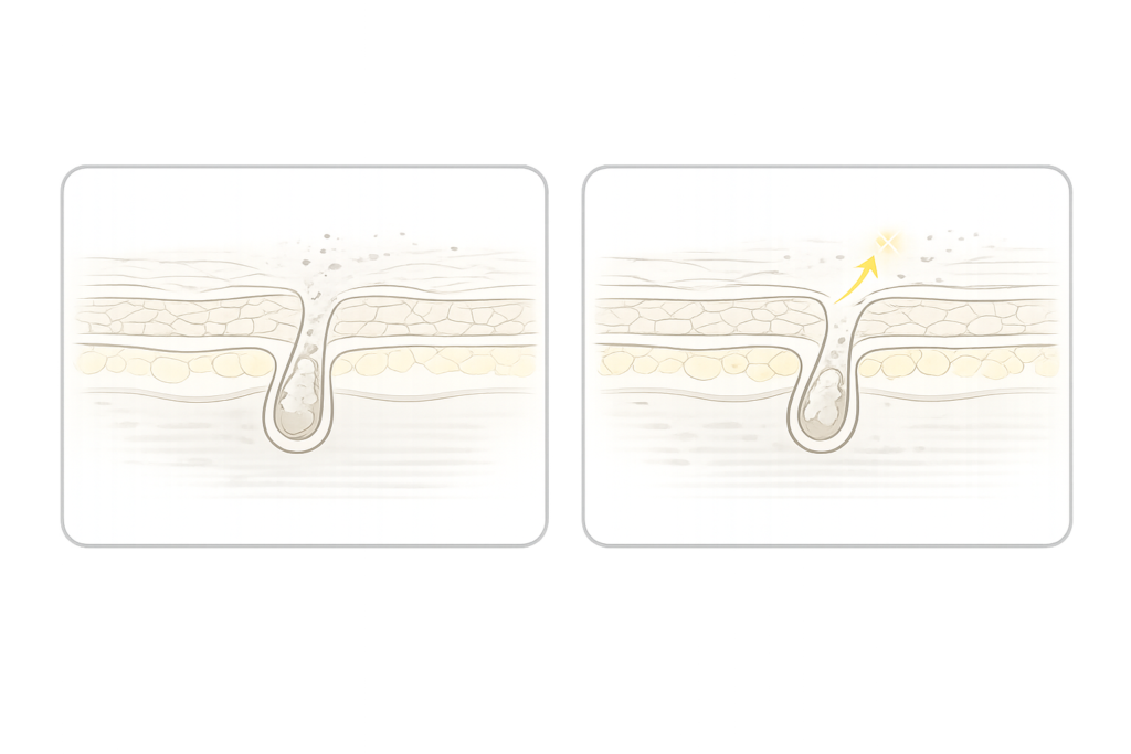 ピーリングで角質がゆるみ角栓が排出されやすくなるイメージ