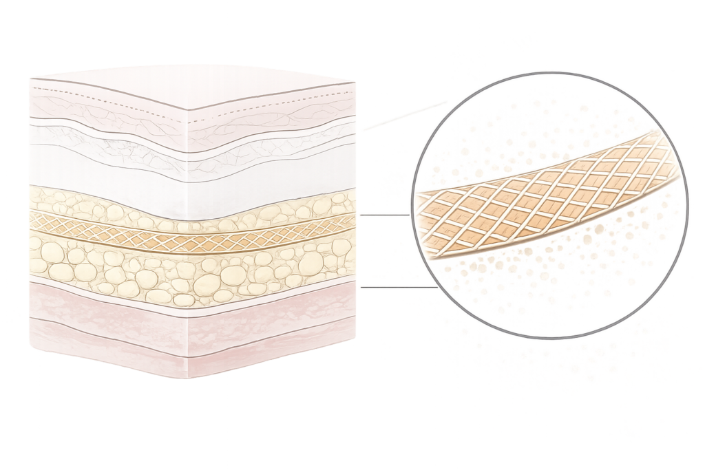 PCL×メッシュ構造の糸リフト（皮下で面として作用する模式図）