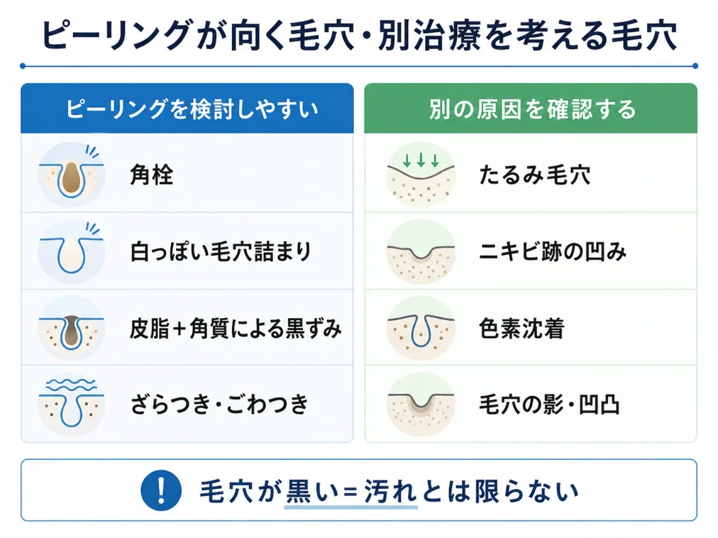 ピーリングが向く毛穴・別治療を考える毛穴