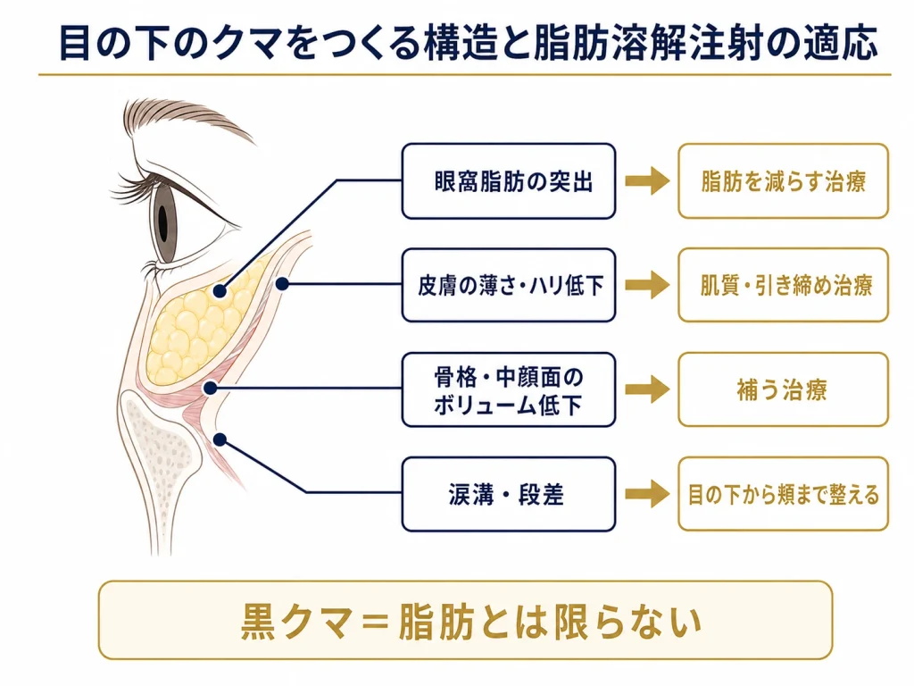 目の下のクマをつくる構造と脂肪溶解注射の適応