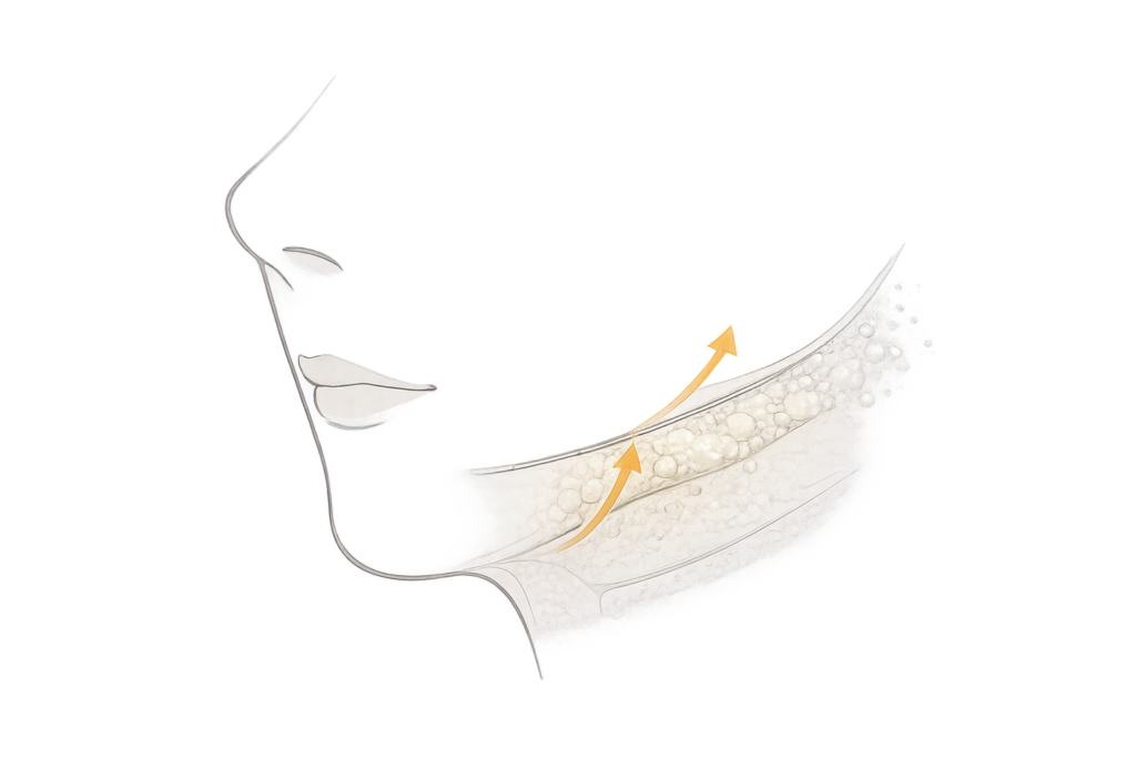 ほうれい線が深くなる原因（頬の脂肪下垂と皮膚ハリ低下の模式図）