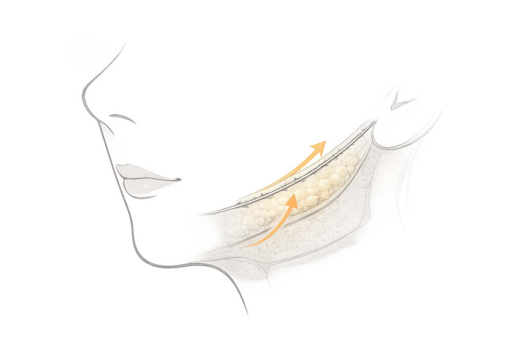 糸リフトの基本構造（コグ付き吸収糸が皮下組織を引き上げる模式図）