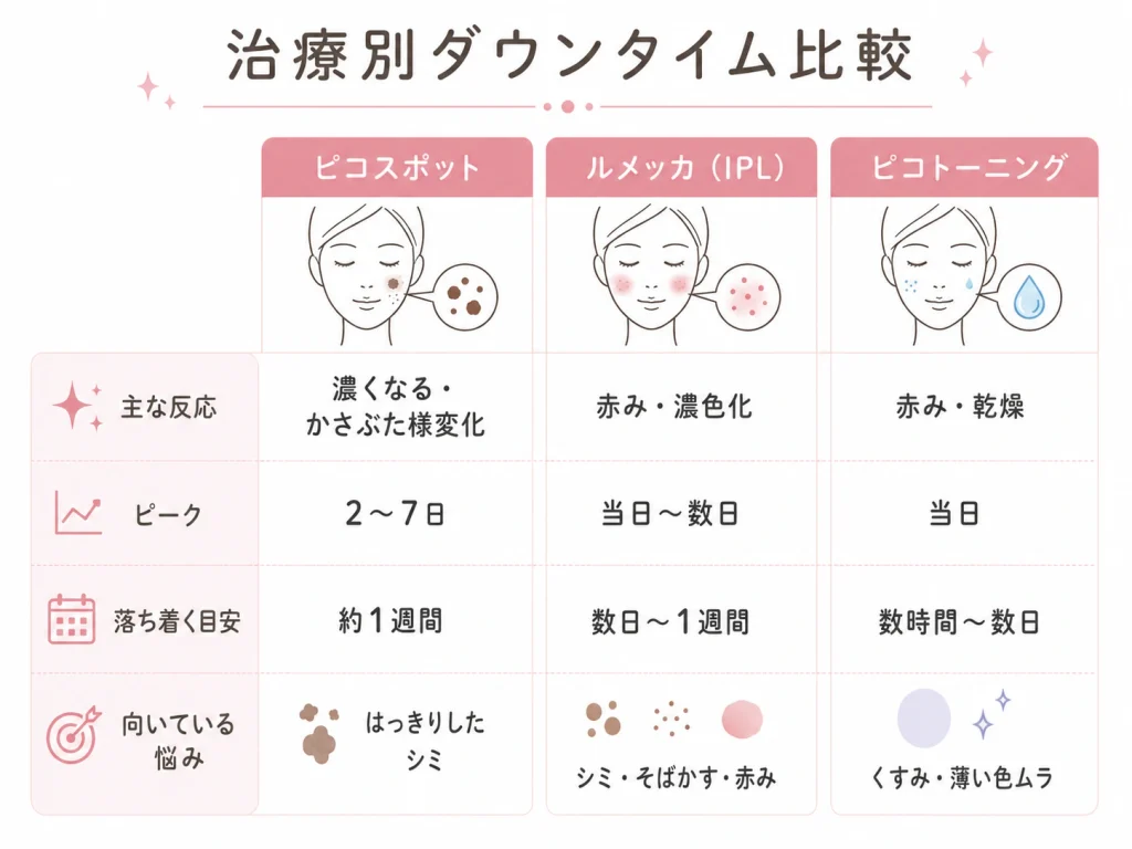 図解1｜シミ治療別・ダウンタイム早見表