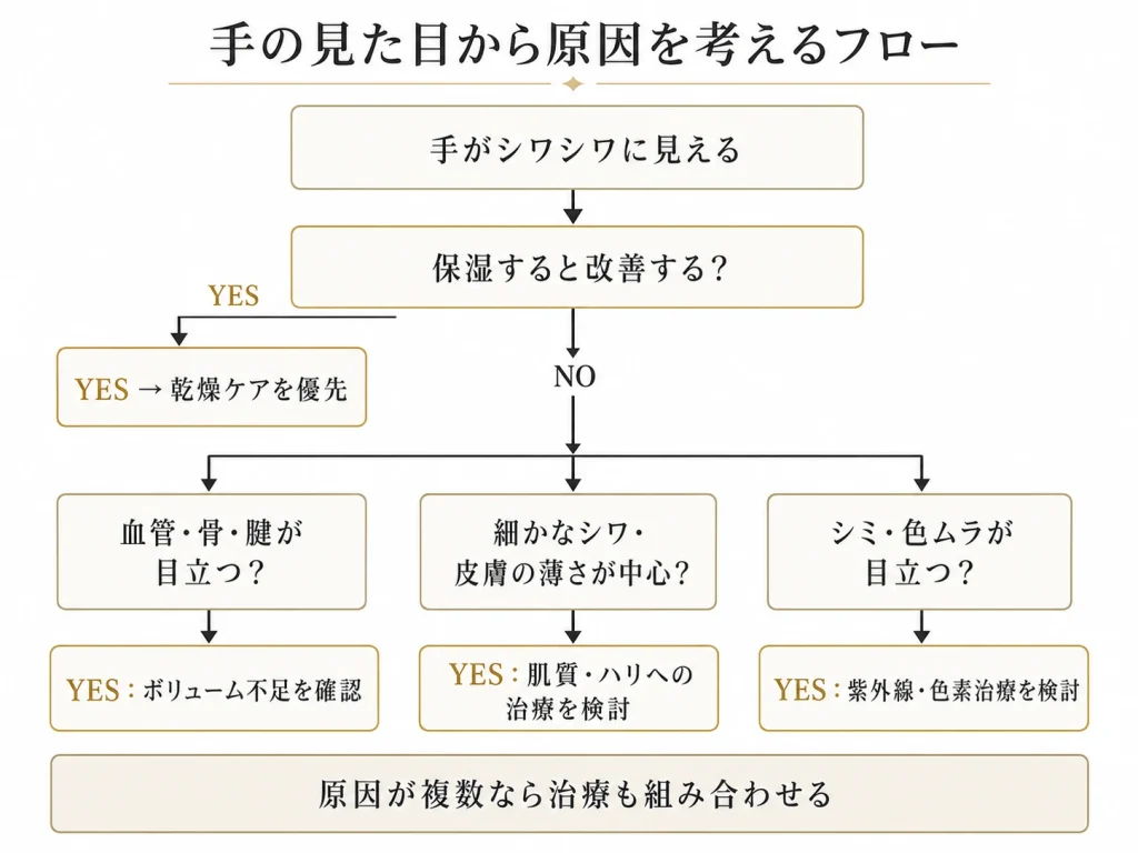 手の見た目から原因を考えるフロー