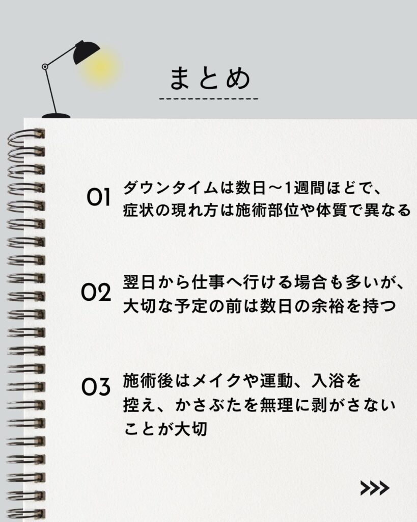 ⚫︎ ダウンタイムは数日〜1週間ほどで、症状の現れ方は施術部位や体質で異なる

⚫︎ 翌日から仕事へ行ける場合も多いが、大切な予定の前は数日の余裕を持つ

⚫︎ 施術後はメイクや運動、入浴を控え、かさぶたを無理に剥がさないことが大切