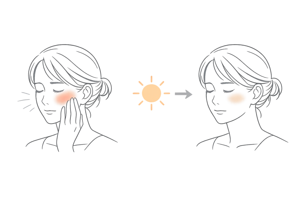 紫外線による赤みと黒ずみの時間差ダメージ比較イラスト