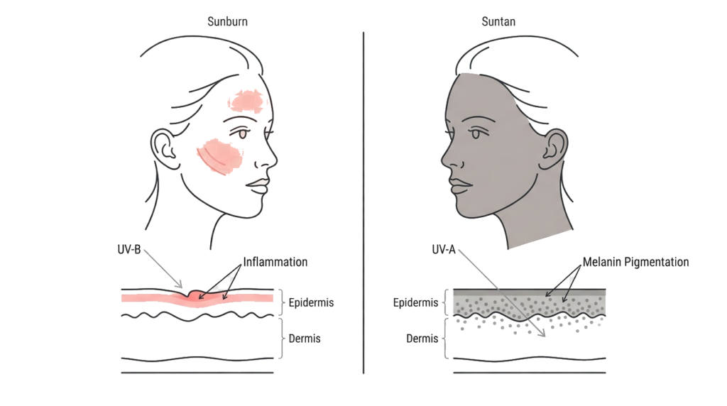 サンバーンとサンタンの違い(赤みと色素沈着の比較)